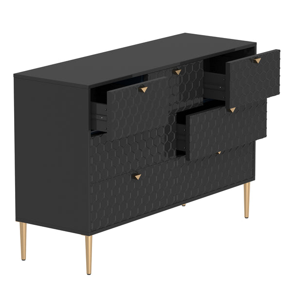 English Elm Modern 7-Drawer Storage Cabinet in Black with Gold Legs & Honeycomb Fronts – Stylish Versatile Organizer for Bedroom, Office, Entryway T3609P347457