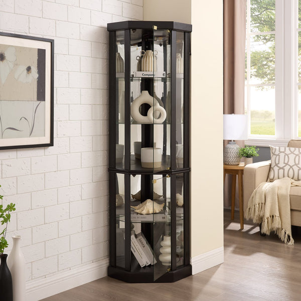 English Elm Lighted Corner Curio Cabinet - Stunning Display Case With Built-In Lighting For Antiques & Wine Storage W1758P300102