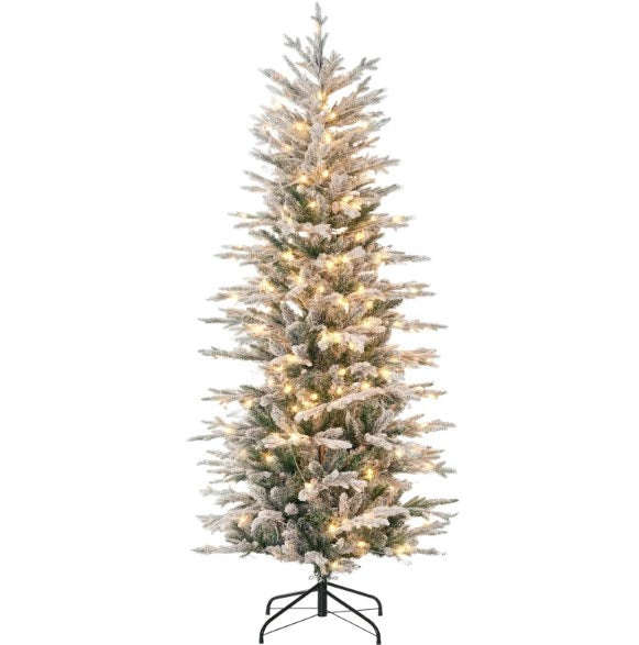 English Elm Artificial Snow Flocked Pencil Tree 9 Ft Tall with 550 Warm White Led Lights T3971P419569