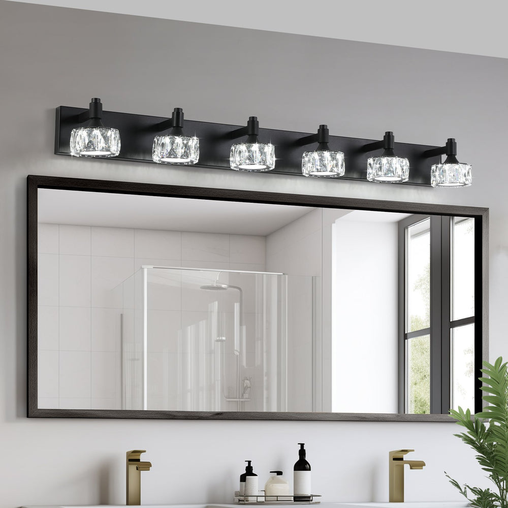 English Elm Modern Six Light Matte Black Vanity Fixture Crystal Shades Bathroom Led Wall Sconce W1340P206827