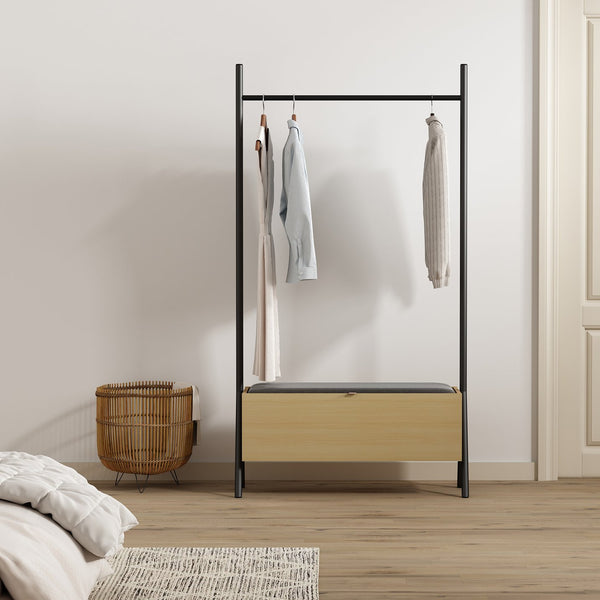 English Elm Paloma 38" Open Hanging Closet with Lift-Top Linen Bench, Light Oak, Black Rod, 2-Seat Storage Elegance B365S00136