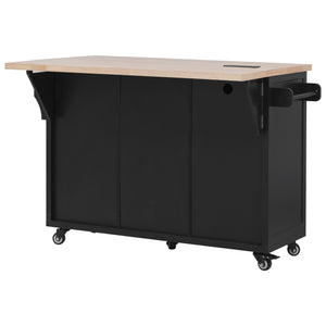 English Elm K&K 56.5" Kitchen Island with Drop Leaf, Embossed Vertical Stripe Barn Doors, Wheels & Charging Hub Black N707P263094B
