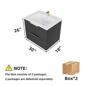 English Elm 075 Floating Wall Mounted Bathroom Vanity Cabinet with Soft Close Drawers Matte Finish Black W3520P345974
