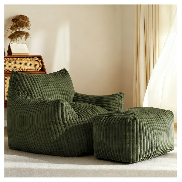 English Elm Curved Corduroy Suede Lounger with Ottoman Ergonomic Support for Modern Small Spaces Green W3737P423727