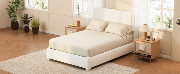 English Elm Boucle Cloud Upholstered Full Platform Bed with Adjustable Curved Headboard in White N733P439489K