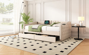 English Elm Upholstered Twin Daybed with Linen Tufted Back Nailhead Arms and Storage Drawers W1670P391274
