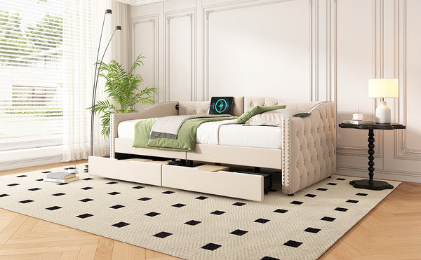 English Elm Upholstered Twin Daybed with Linen Tufted Back Nailhead Arms and Storage Drawers W1670P391274