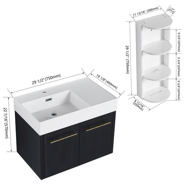 English Elm 30 Inch Wall-Mounted Bathroom Vanity Set With Left Basin Sink, Storage Rack & Modern Design W999S00368