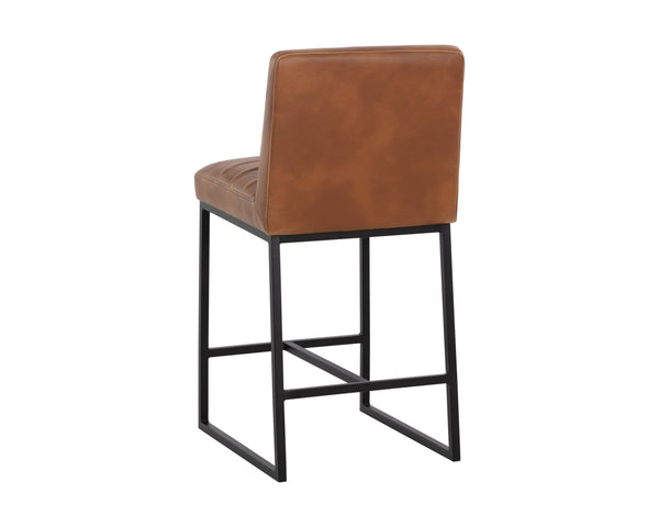 Sunpan Spyros Modern Barstool with Channel Tufting and Sleek Black Powder-Coated Steel Frame for Stylish Spaces Tobacco Tan