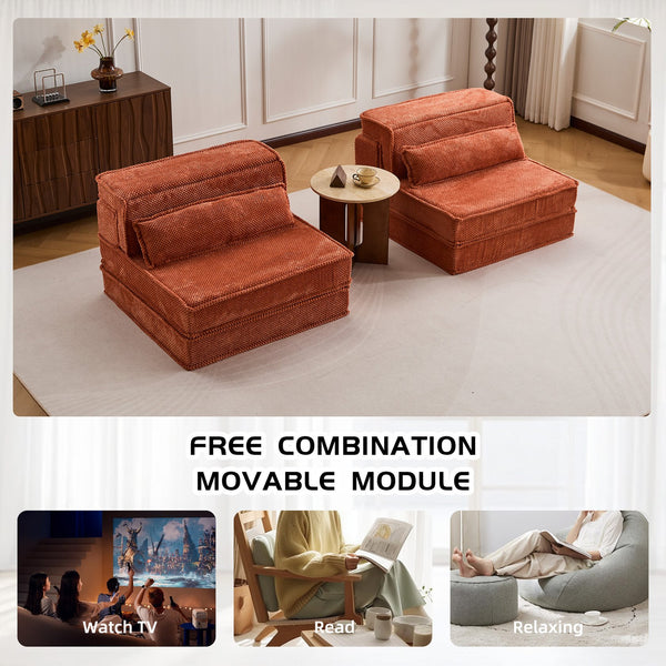 English Elm Compression Oversized Modular Sofa Bed - Versatile Floor Seating With Memory Foam & Pillows, Orange W3723S00046