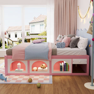 English Elm Queen Storage Platform Bed with Led Lighting Bookshelf Display Cabinet and Pull-out Drawer Pink+White N820S00078H