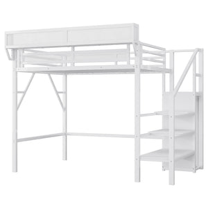 English Elm Twin Twin Size Loft Bed with Stairs and Built-In Shelves, Metal High Loft with Wardrobe for Kids Teens White W2580S00036