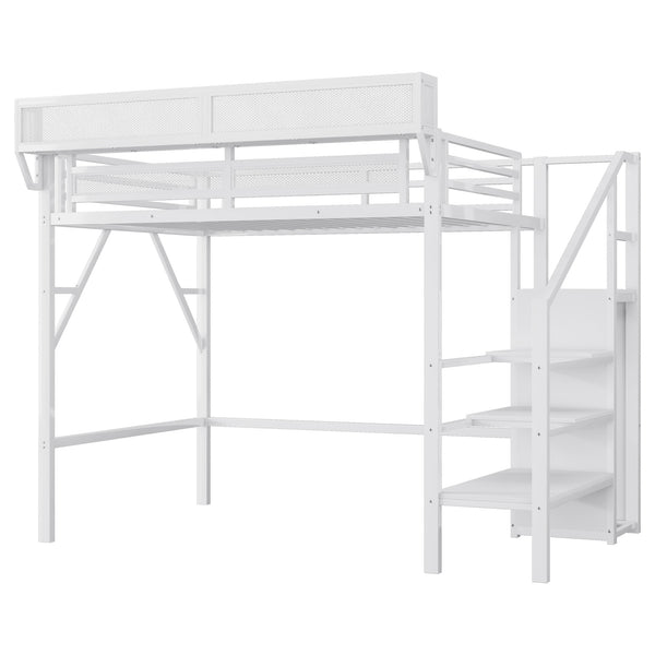 English Elm Twin Twin Size Loft Bed with Stairs and Built-In Shelves, Metal High Loft with Wardrobe for Kids Teens White W2580S00036