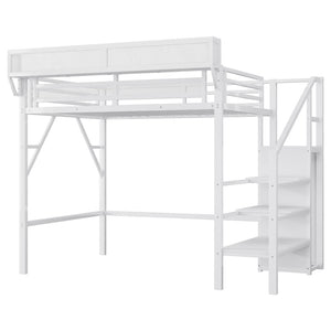 English Elm Twin Xl Loft Bed With Stairs, Storage Shelves & Wardrobe - Space-Saving Metal Bed For Kids & Teens W2580S00050-GIGA