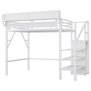 English Elm Twin Metal High Loft Bed with Staircase Storage Wardrobe for Kids and Teens White W2580S00061