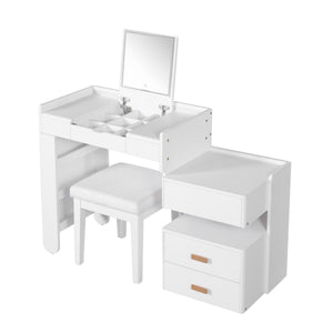 English Elm 3-in-1 Makeup Vanity Desk with Flip Mirror, LED 3-Color Lighting, Expandable Length & Ample Storage Drawers White N844P285298A