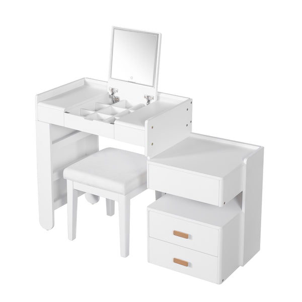 English Elm 3-in-1 Makeup Vanity Desk with Flip Mirror, LED 3-Color Lighting, Expandable Length & Ample Storage Drawers White N844P285298A
