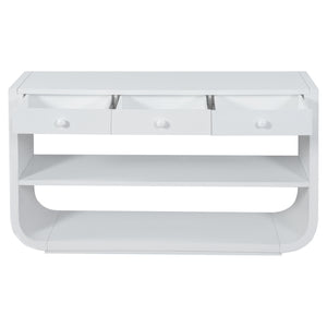 English Elm [video] Sculptural Console Table Pine Wood Curved Legs Soft-close Drawers Open Shelving Entryway White N759P433560K