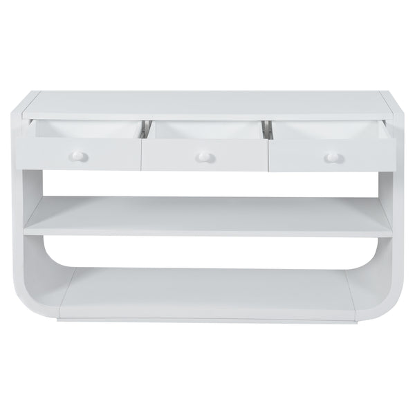 English Elm [video] Sculptural Console Table Pine Wood Curved Legs Soft-close Drawers Open Shelving Entryway White N759P433560K