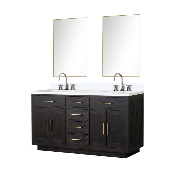 English Elm Black Oak Double Bath Vanity Set With Cultured Marble Top, Chrome Faucets, And Frameless Mirrors B2731S02174