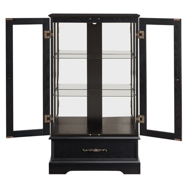 English Elm Lighted Curio Cabinet With Adjustable Shelves & Built-In Drawer - Elegant Display With Lighting, Black W1758P297549