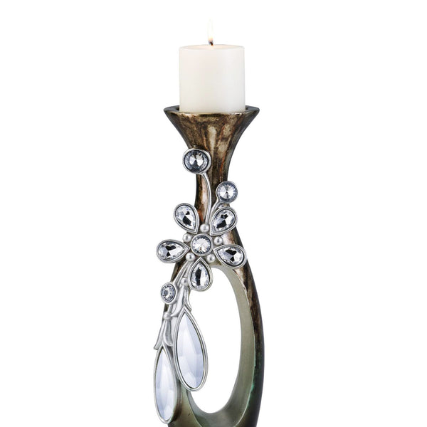 English Elm 20" Polyresin Sculptural Candleholder with Crystal Glass Accents Warm Brown Finish B072116543
