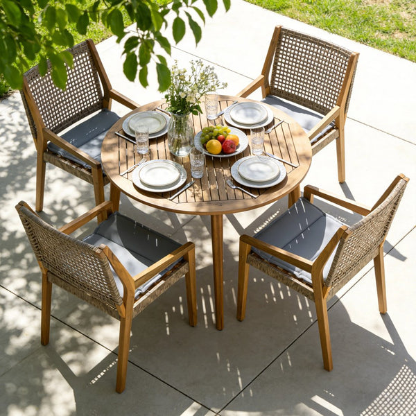 English Elm Modern Acacia Wood Round Patio Dining Set with Wicker Armchairs and Uv Resistant Cushions N770PS597R119