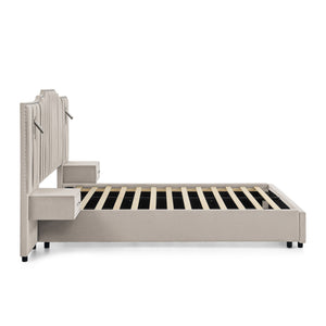 English Elm Queen Velvet Platform Bed with Tufted Headboard Integrated Nightstands and Striped Design Beige W487S00440