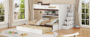 English Elm House-shaped Pine Bunk Bed with Built-in Slide Storage Staircase Twin Over Full Kids Frame White N820S00067K