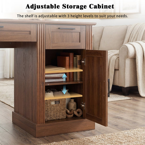 English Elm 55" Farmhouse Writing Desk with Cabinet Charging Station Pegboard and Monitor Stand Dark Walnut W2917S00009