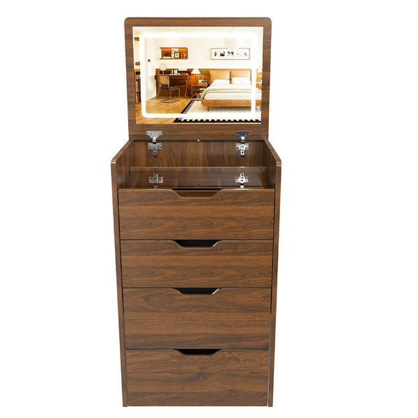 English Elm 3-in-1 Walnut Flip Top Vanity Desk with Led Mirror Stool Bedroom Dressing Table W2699P404631
