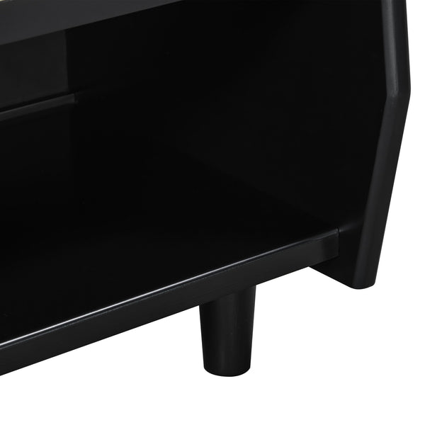 English Elm Black Rattan Panel Nightstand with Open Shelf Drawer Mdf Modern Bedroom Storage N770P374577B