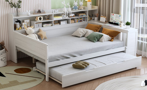 English Elm Wooden Full Size Daybed with Trundle and Built-In Desk, Side Storage Shelves for Space-Saving Rooms Antique White 70 L x 18.6 W x 5.5 H N733S242277K