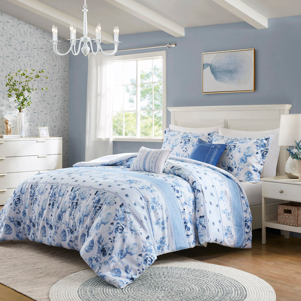 JLA Home Intelligent Design - Floral Vintage-Striped Comforter Set with Hypoallergenic Fill, Antimicrobial OEKO-TEX Fabric, Tassel Accents 90 L x 90 W x 1H ID10-2327
