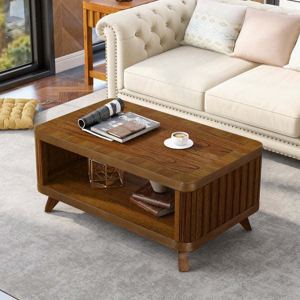 English Elm Rectangular Walnut Coffee Table Solid Pine Legs Open Shelf Family Living Room W1202P177315