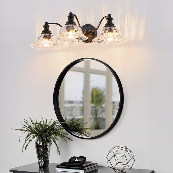English Elm 24 Vintage 3-Light Bathroom Wall Sconce with Iron and Glass Shades - Elegant Vanity Fixture for Mirror Black W1340P284601