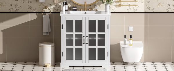 English Elm Christopher Knight Home® - 30" Modern Bathroom Vanity with Ceramic Sink, Tempered Blurred Glass Doors, Rubber Wood Frame Storage White N817P279904W