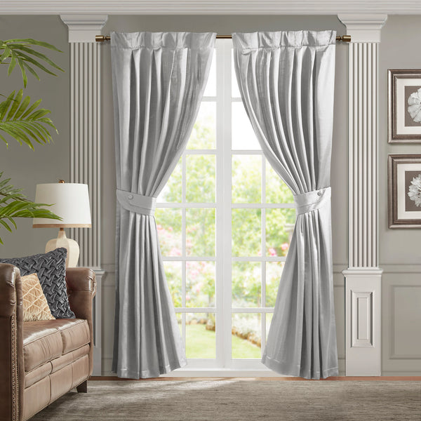 JLA Home Croscill Classics - Pleat Avignon Satin Curtain Panel with Tieback — Vintage Silk-Like Luster, Box Pleat Elegance for Formal Rooms Silver CCL40-0051