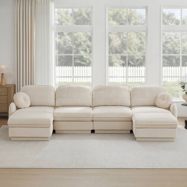 English Elm 137" Oversized Chenille Sectional Sofa with Movable Ottoman and Quilted Cushions W714S01755