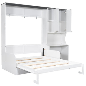 English Elm Multi-functional Queen Murphy Bed with Sofa Desk and Cabinet White Wood Frame N7090000606K-1