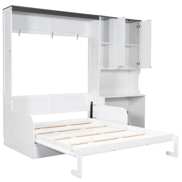 English Elm Multi-functional Queen Murphy Bed with Sofa Desk and Cabinet White Wood Frame N7090000606K-1