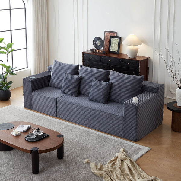 English Elm Deep Seat Corduroy Modular Couch With Cup Holders - No Assembly Needed, Perfect For Cozy Spaces! W848S00060