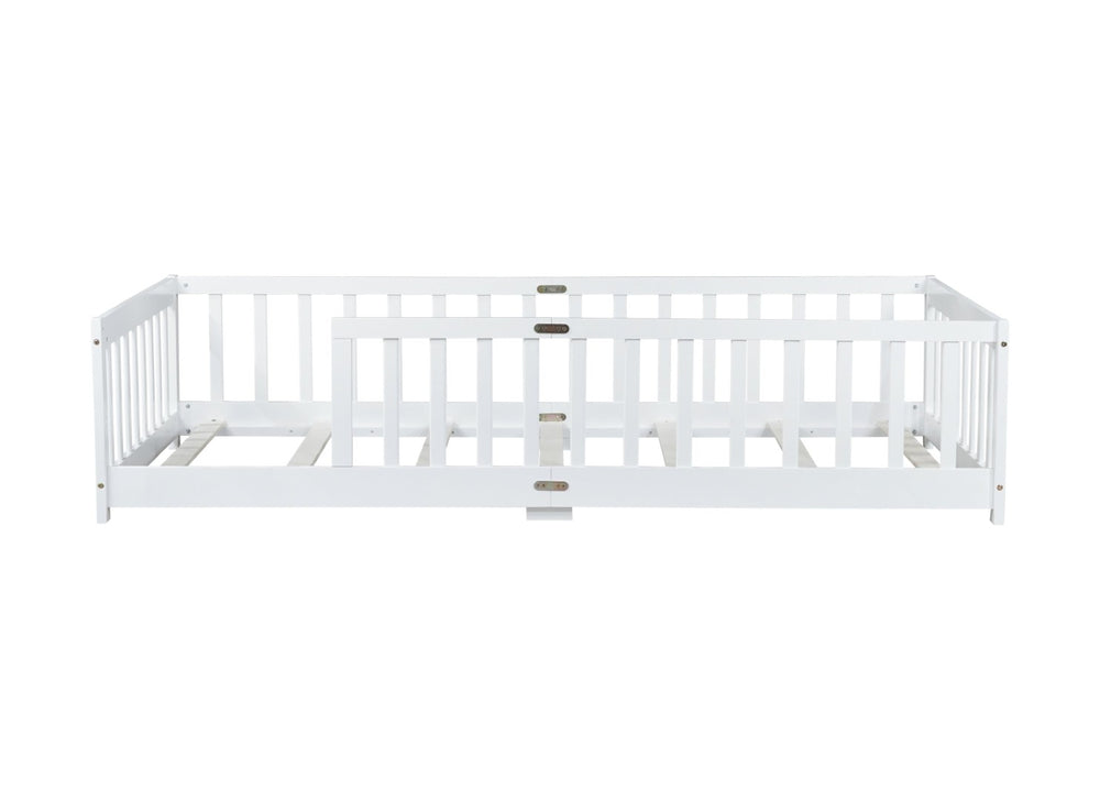 English Elm Twin Size Floor Bed With Safety Guardrails - Durable Rubberwood, Minimalist White Design For Kids W504P286396-GIGA