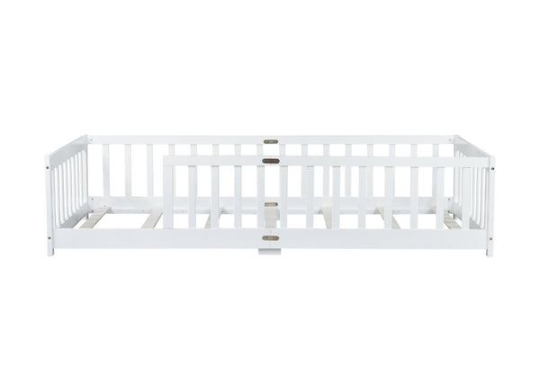 English Elm Twin Size Floor Bed With Safety Guardrails - Durable Rubberwood, Minimalist White Design For Kids W504P286396-GIGA