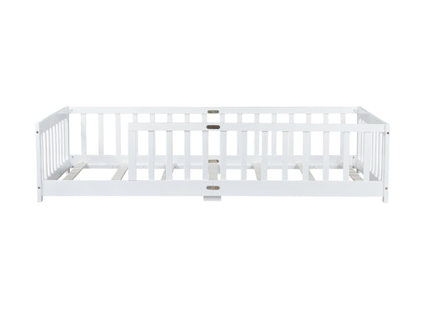 English Elm Twin Low Profile Rubberwood Floor Bed with Full Safety Fence for Toddler Rooms White W504P429335