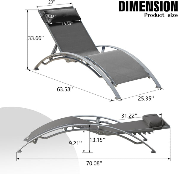 English Elm Pool Lounge Chairs Set of 2 Aluminum Frame Textilene Chaise with 5 Recline Positions & Neck Pillow Dark Gray W1859P321409