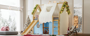 English Elm Full Size Pine Loft Bed with Slide Tent Panels Led Lights and Play Space Below W1580S00292
