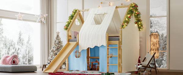 English Elm Full Size Pine Loft Bed with Slide Tent Panels Led Lights and Play Space Below W1580S00292