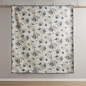 English Elm Brushed Bayside Reversible Quilt Set with Seashell Print, Blue/Ivory Twin/Twin XL, 5pc Coastal Accents pillows embroidered pleated дизайн B03597503