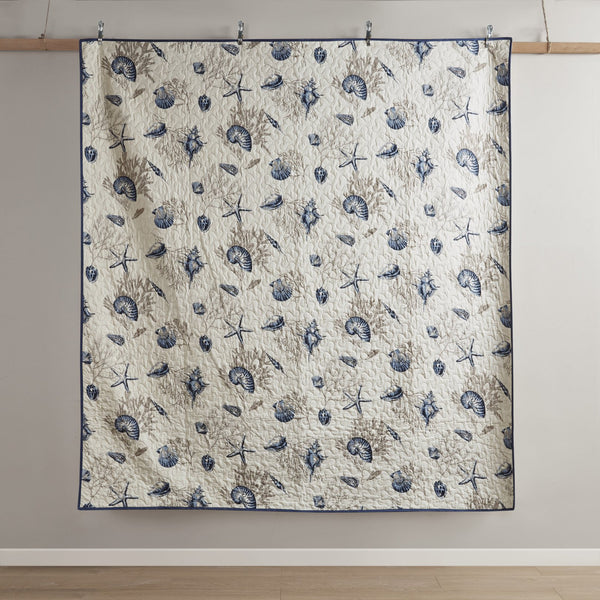 English Elm Brushed Bayside Reversible Quilt Set with Seashell Print, Blue/Ivory Twin/Twin XL, 5pc Coastal Accents pillows embroidered pleated дизайн B03597503